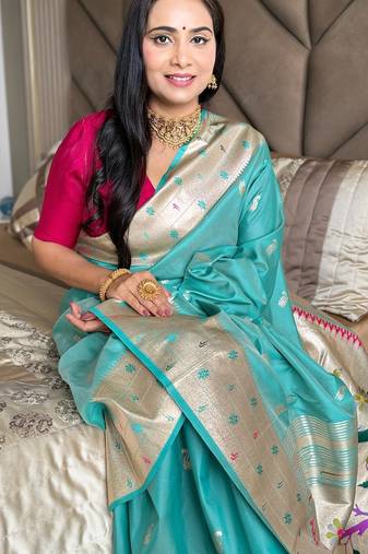 Turquoise silk paithani saree with unstitched blouse piece