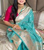 Turquoise silk paithani saree with unstitched blouse piece