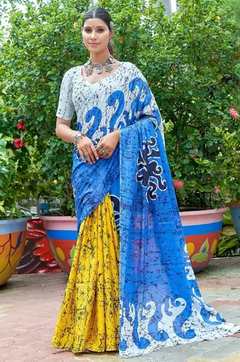 Blue printed mulmul cotton saree with blouse.