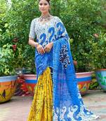 Blue printed mulmul cotton saree with blouse.