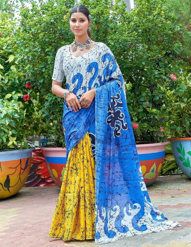 Blue printed mulmul cotton saree with blouse.