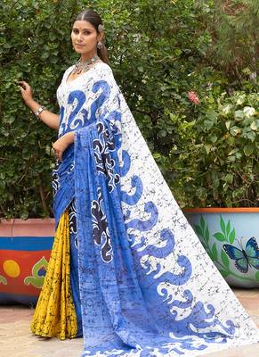 Blue printed mulmul cotton saree with blouse. 3
