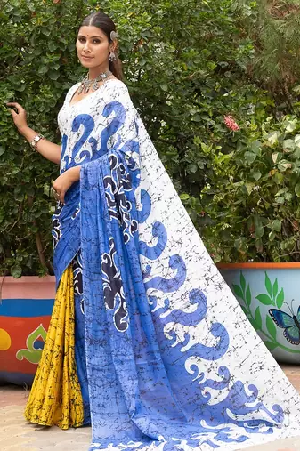 Blue printed mulmul cotton saree with blouse.