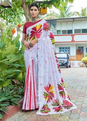 White printed mulmul cotton saree with blouse. 1