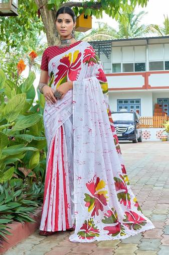 White printed mulmul cotton saree with blouse.