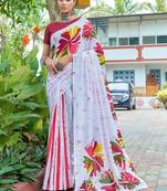 White printed mulmul cotton saree with blouse.