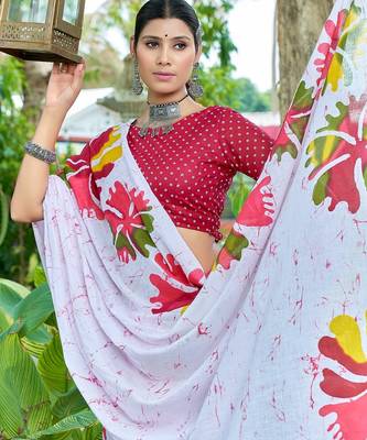 White printed mulmul cotton saree with blouse. 2