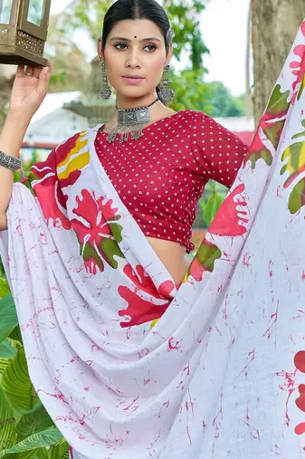 White printed mulmul cotton saree with blouse.
