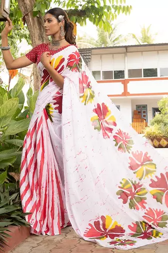 White printed mulmul cotton saree with blouse.