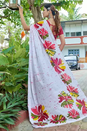 White printed mulmul cotton saree with blouse.