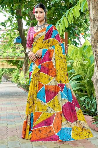 Yellow printed mulmul cotton saree with blouse.