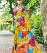 Yellow printed mulmul cotton saree with blouse.