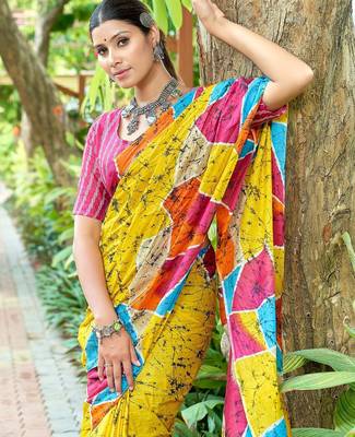 Yellow printed mulmul cotton saree with blouse. 2