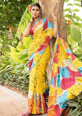 Yellow printed mulmul cotton saree with blouse. 3