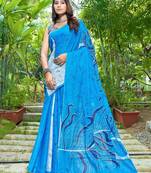 Blue printed mulmul cotton saree with blouse.