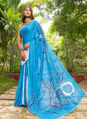 Blue printed mulmul cotton saree with blouse. 3