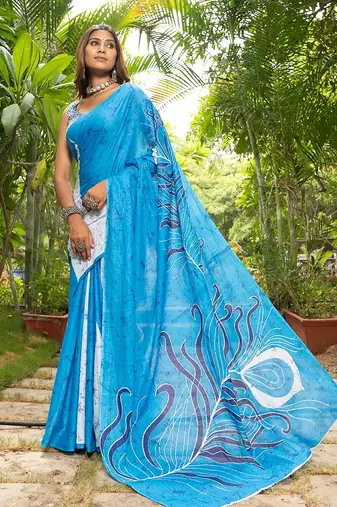 Blue printed mulmul cotton saree with blouse.