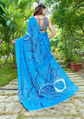 Blue printed mulmul cotton saree with blouse. 4