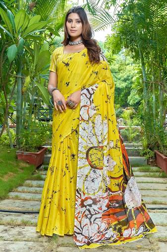 Yellow printed mulmul cotton saree with blouse.