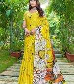Yellow printed mulmul cotton saree with blouse.