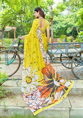 Yellow printed mulmul cotton saree with blouse. 4