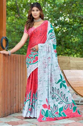 Pink printed mulmul cotton saree with blouse.