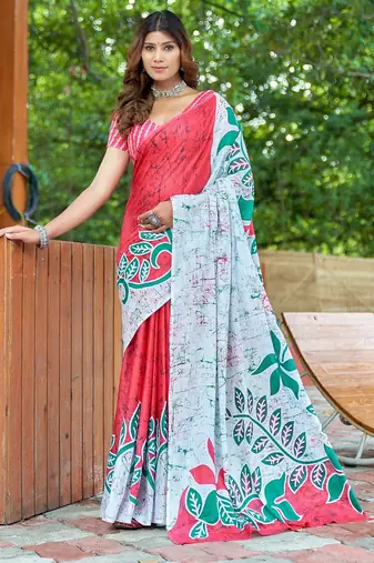 Pink printed mulmul cotton saree with blouse.