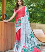 Pink printed mulmul cotton saree with blouse.