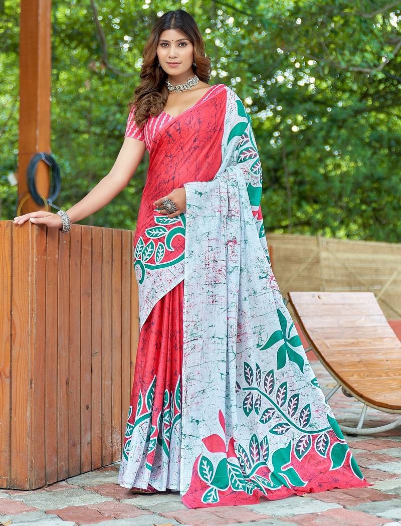 Pink printed mulmul cotton saree with blouse.