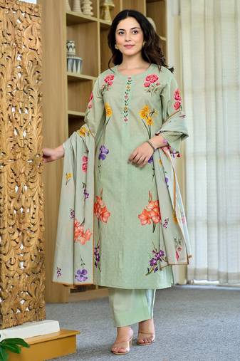Pista green floral printed chanderi kurta pant set with matching dupatta