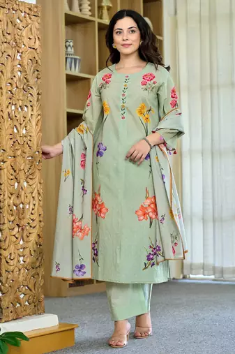 Pista green floral printed chanderi kurta pant set with matching dupatta