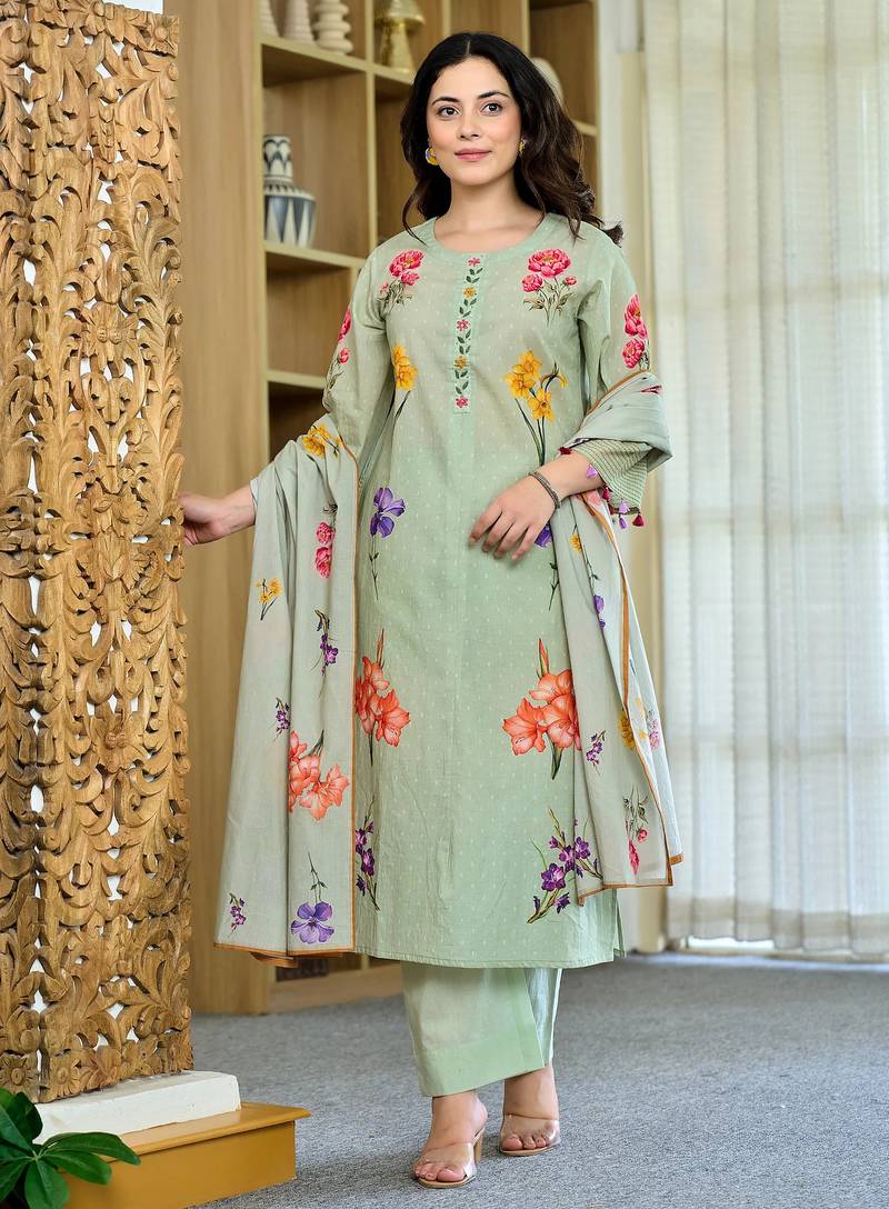 Pista green floral printed chanderi kurta pant set with matching dupatta