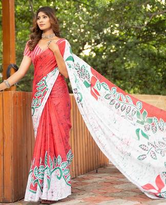 Pink printed mulmul cotton saree with blouse. 3