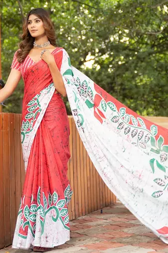 Pink printed mulmul cotton saree with blouse.