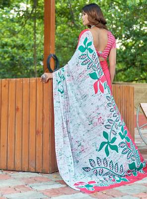 Pink printed mulmul cotton saree with blouse. 4