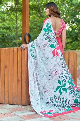 Pink printed mulmul cotton saree with blouse.