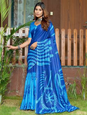 Blue printed mulmul cotton saree with blouse. 1