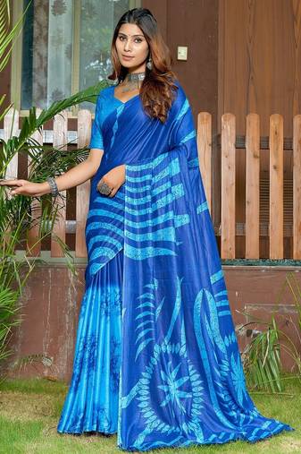 Blue printed mulmul cotton saree with blouse.