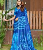 Blue printed mulmul cotton saree with blouse.