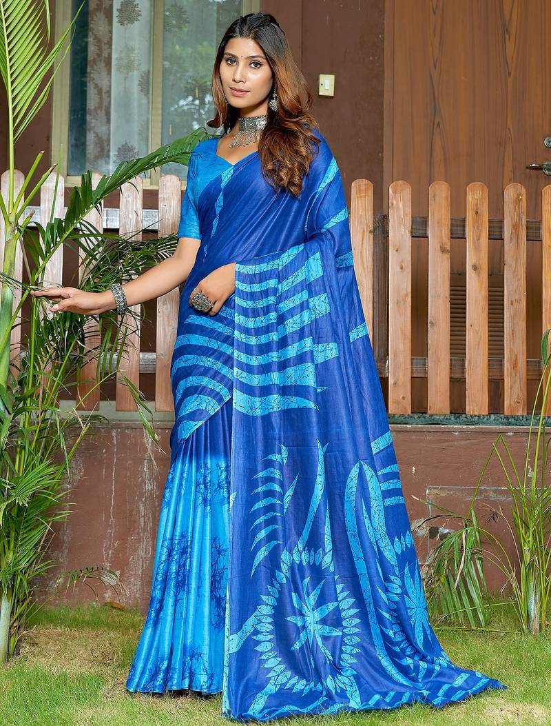 Blue printed mulmul cotton saree with blouse.