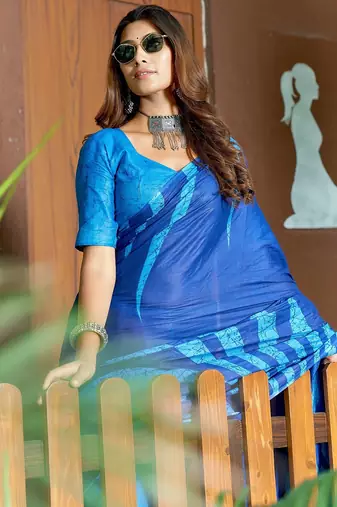 Blue printed mulmul cotton saree with blouse.