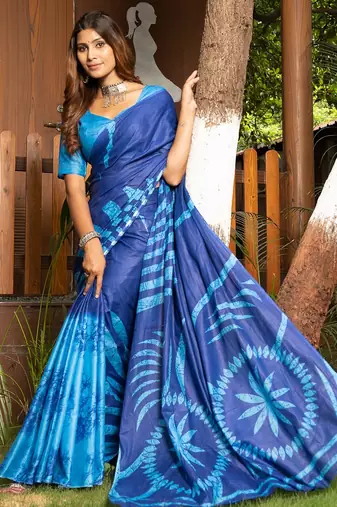 Blue printed mulmul cotton saree with blouse.
