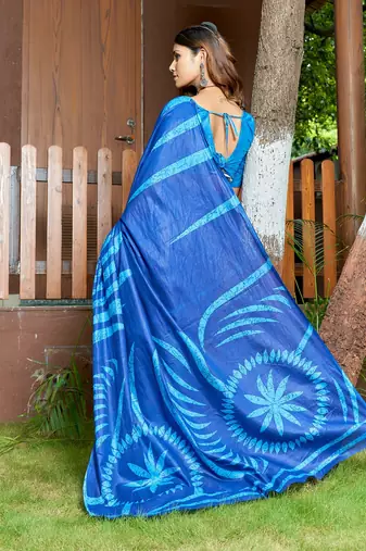 Blue printed mulmul cotton saree with blouse.