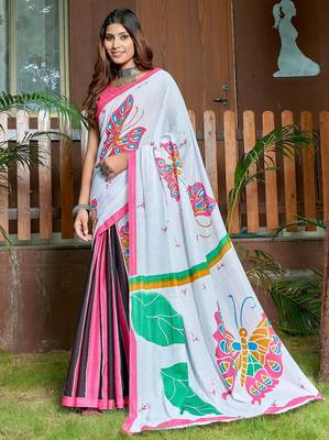 White printed mulmul cotton saree with blouse. 1