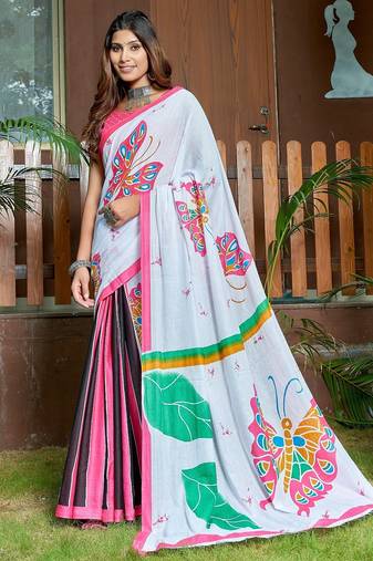 White printed mulmul cotton saree with blouse.