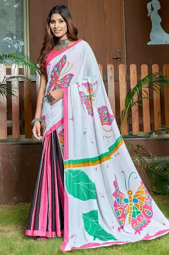 White printed mulmul cotton saree with blouse.