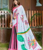 White printed mulmul cotton saree with blouse.
