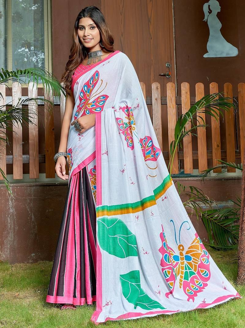 White printed mulmul cotton saree with blouse.