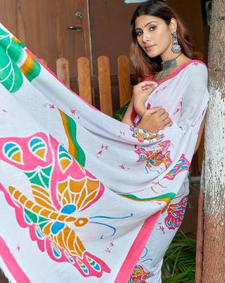 White printed mulmul cotton saree with blouse. 2