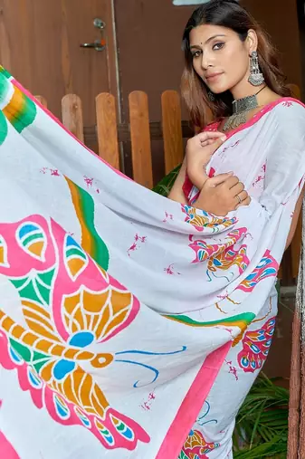 White printed mulmul cotton saree with blouse.